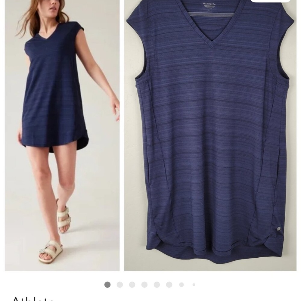 Athleta Pacifica dress stretch short sleeve v-neck UPF 50 pockets large navy